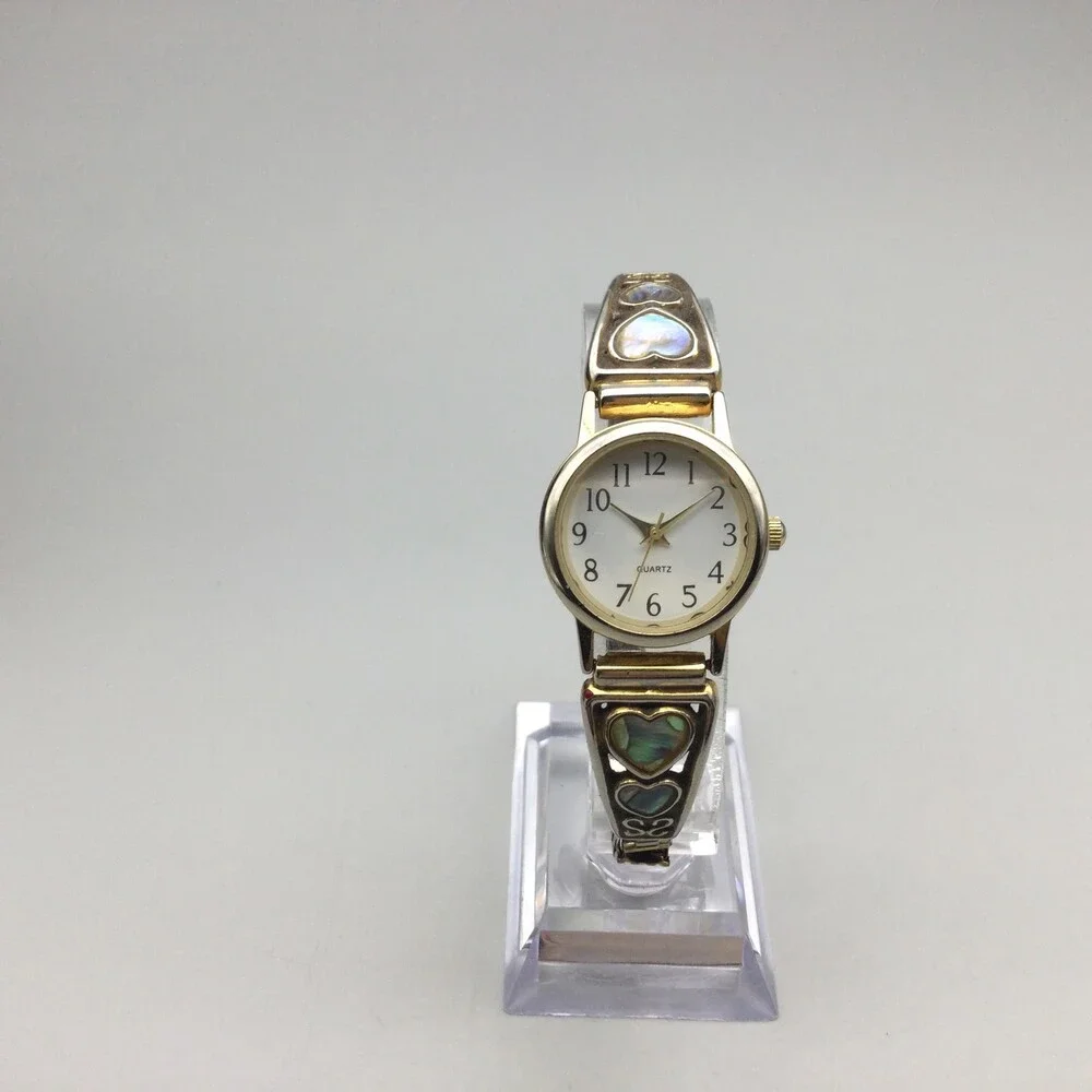 Vintage Abalone Heart Watch Womens 24mm Gold Tone Stretch Band New Battery - Picture 2 of 14